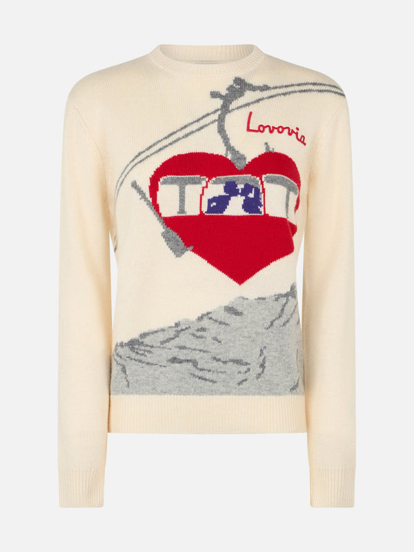 Woman white sweater New Queen with Lovovia postcard print and embroidery