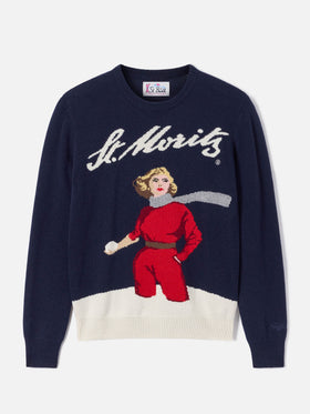 Maglia girocollo New Queen blu navy con intarsio sciatrice St. Moritz | Special edition