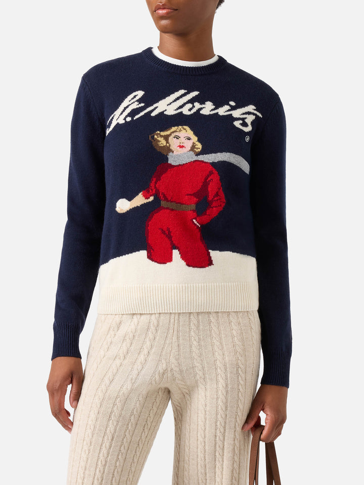 Navy blue New Queen crewneck knit with St. Moritz skier intarsia | Special edition