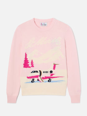 Pull en maille rose New Queen à col rond avec intarsia avion St. Moritz | Special edition 