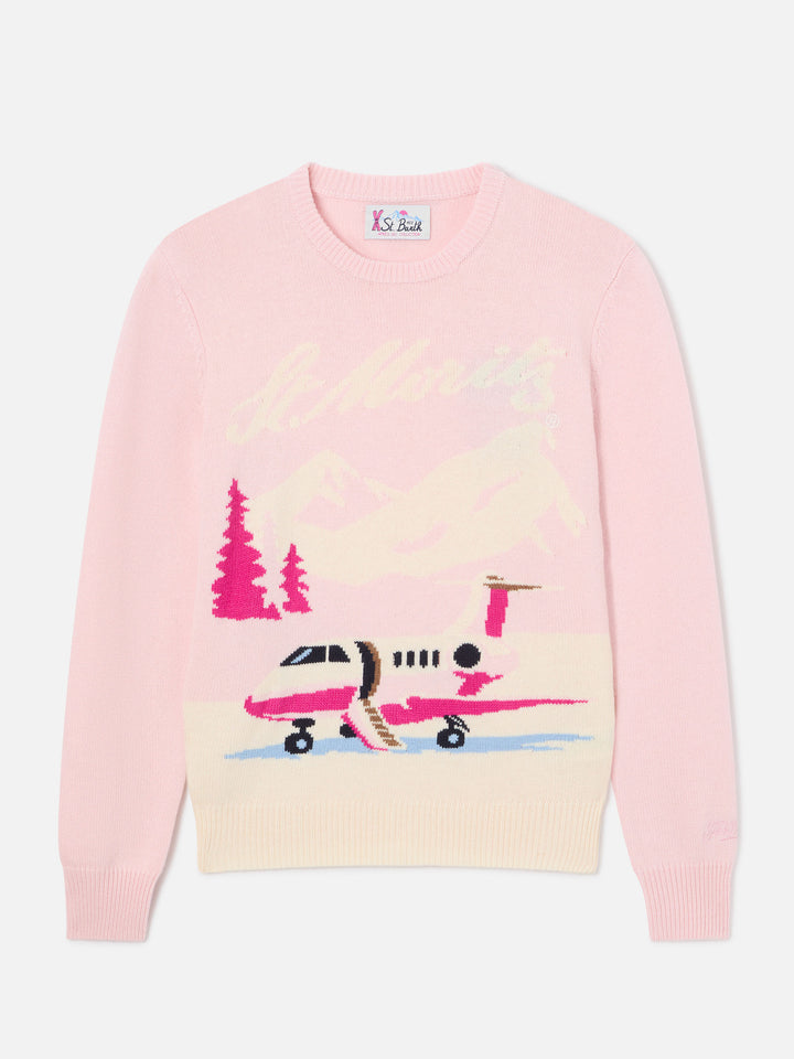 Maglia girocollo New Queen rosa con intarsio aereo St. Moritz | Special edition