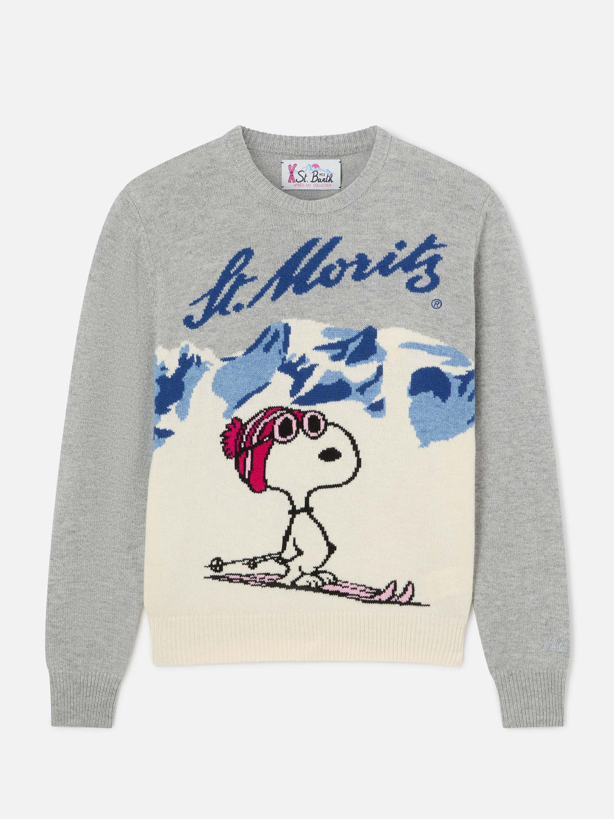 Pull en maille à col rond Grey New Queen avec intarsia Snoopy au ski | Special edition 