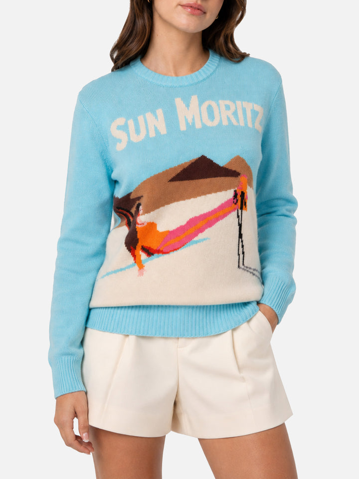 Light blue sweater New Queen with Sun Moritz postcard jacquard