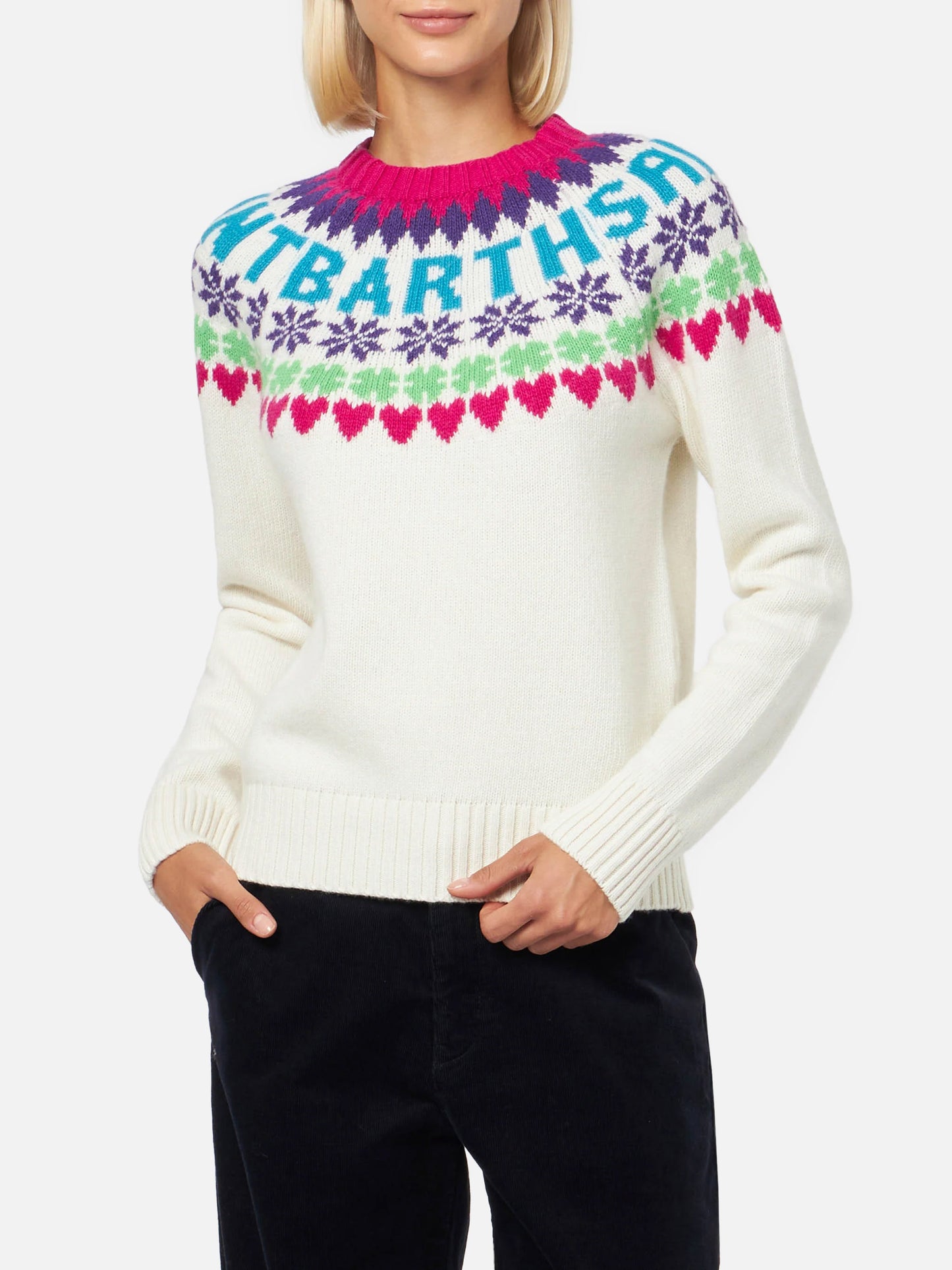 Woman white sweater New Queen with fair isle jacquard