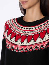 Maglione da donna nero New Queen con stampa cuori Fair Isle