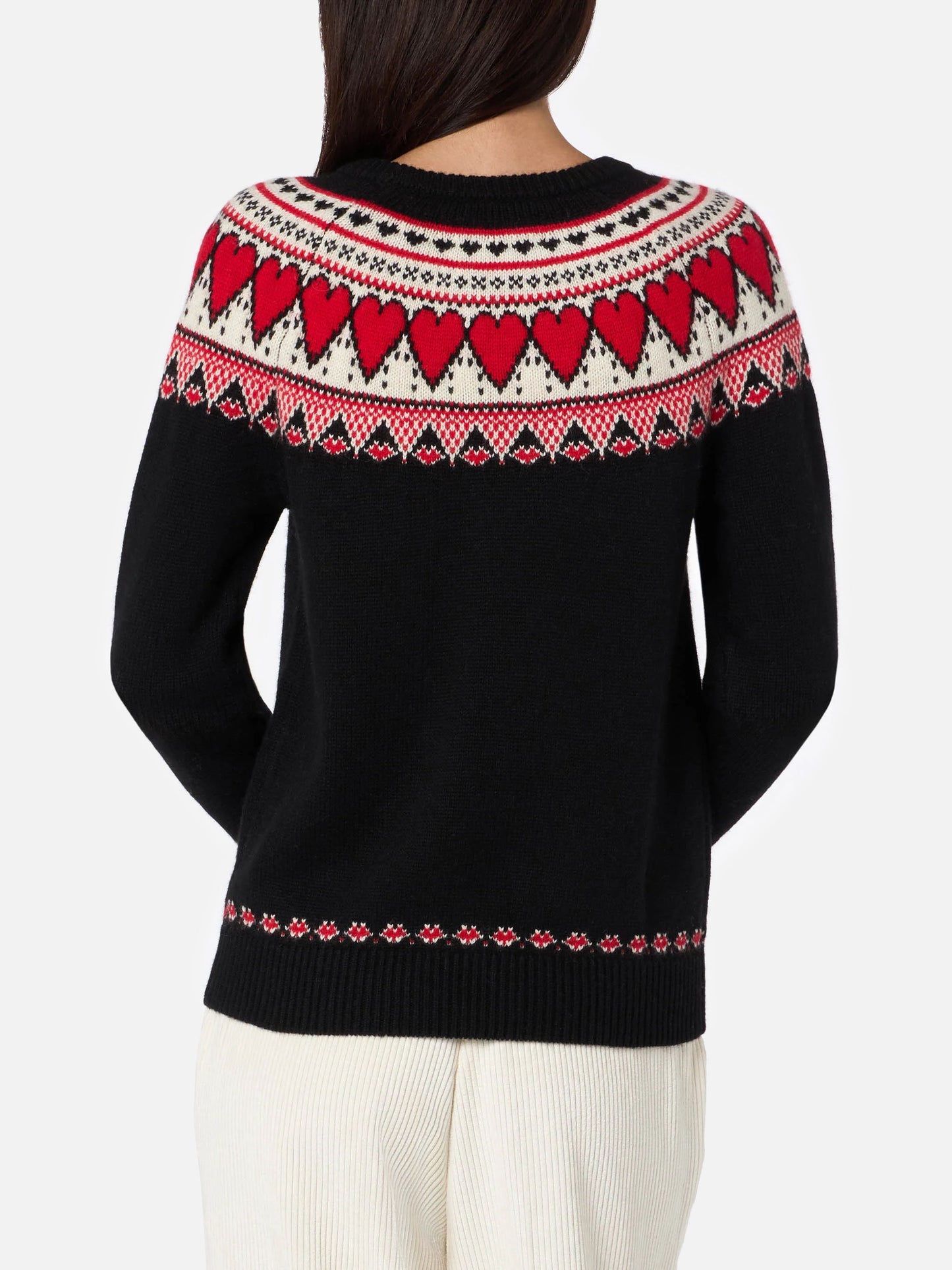 Woman black sweater New Queen with fair isle hearts jacquard