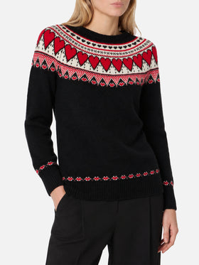 Maglione New Queen Nordic nero con jacquard cuori