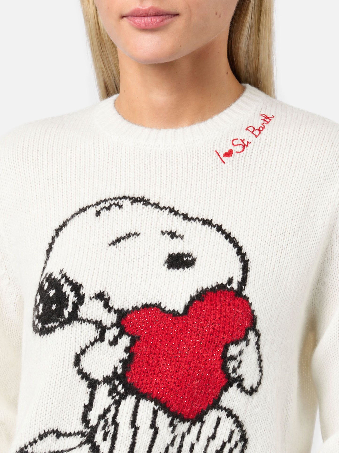 Jersey de mujer con jacquard de Snoopy y Woodstock y corazón de strass | SNOOPY PEANUTS™ SPECIAL EDITION 