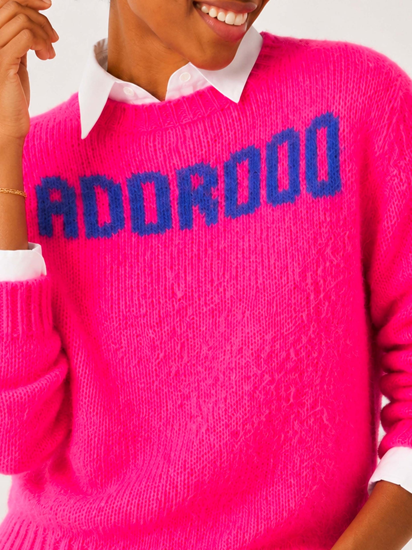 New Queen Soft fluo pink brushed sweater with Adorooo embroidery