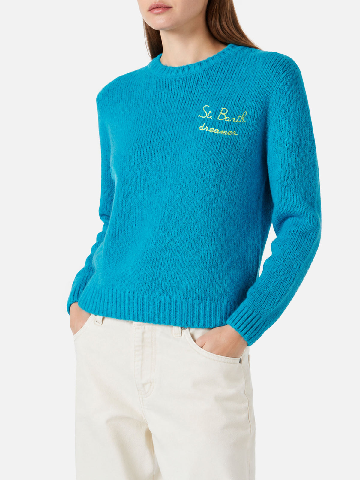 Maglia New Queen in tessuto effetto brushed azzurro con ricamo