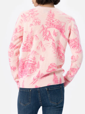 Woman pink sweater New Queen with toile de jouy print and Chalet e Rosè embroidery - MC2 Saint Barth