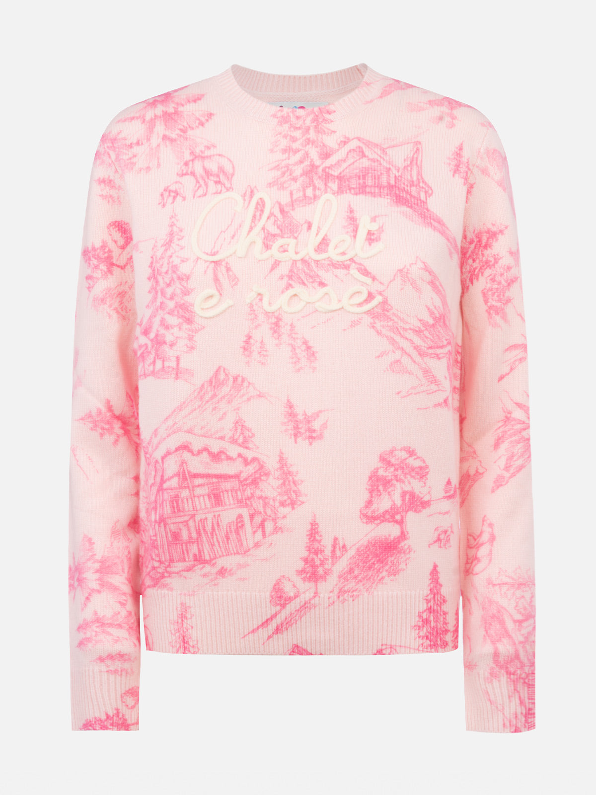 Woman pink sweater New Queen with toile de jouy print and Chalet e Rosè embroidery - MC2 Saint Barth