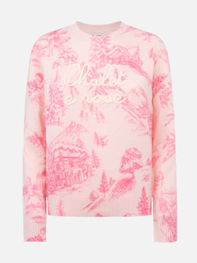 Woman pink sweater New Queen with toile de jouy print and Chalet e Rosè embroidery - MC2 Saint Barth
