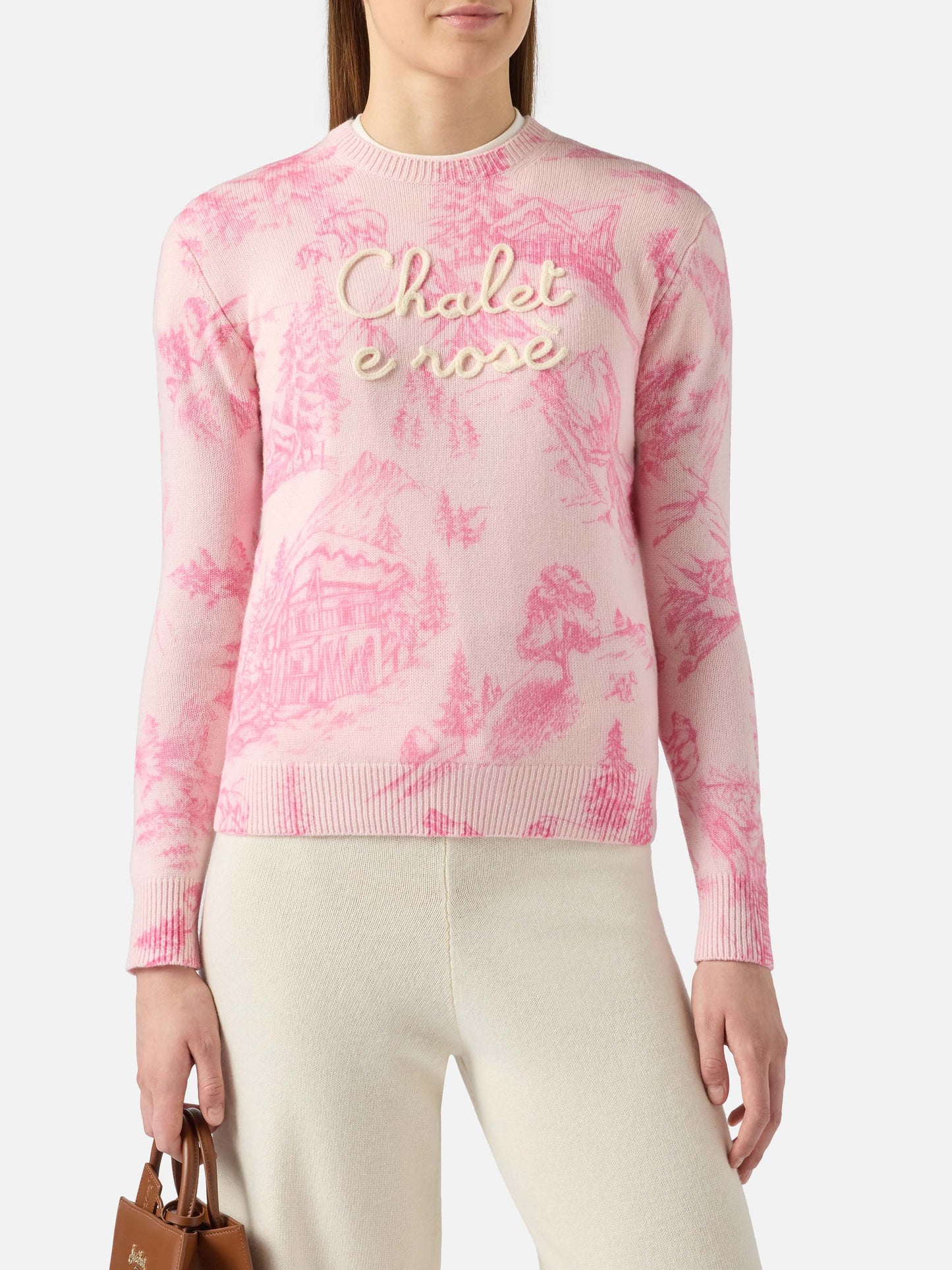 Woman pink sweater New Queen with toile de jouy print and Chalet e Rosè embroidery
