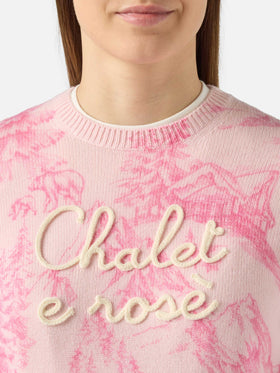 Woman pink sweater New Queen with toile de jouy print and Chalet e Rosè embroidery