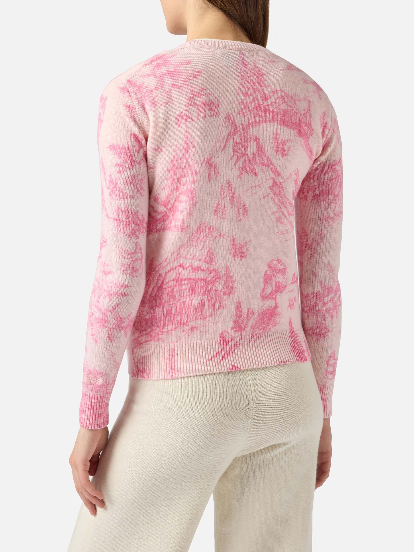 Woman pink sweater New Queen with toile de jouy print and Chalet e Rosè embroidery