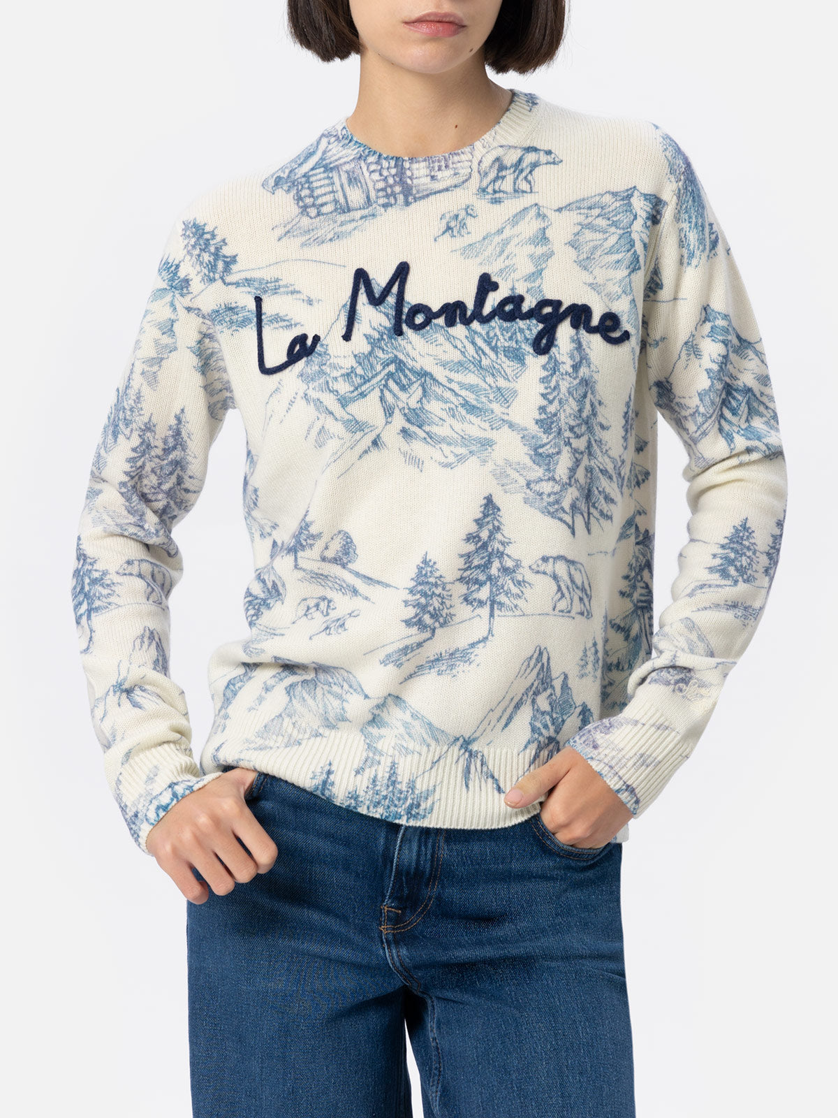 Woman white sweater New Queen with toile de jouy print and La Montagne embroidery - MC2 Saint Barth