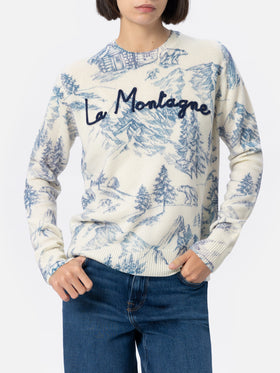 Woman white sweater New Queen with toile de jouy print and La Montagne embroidery - MC2 Saint Barth