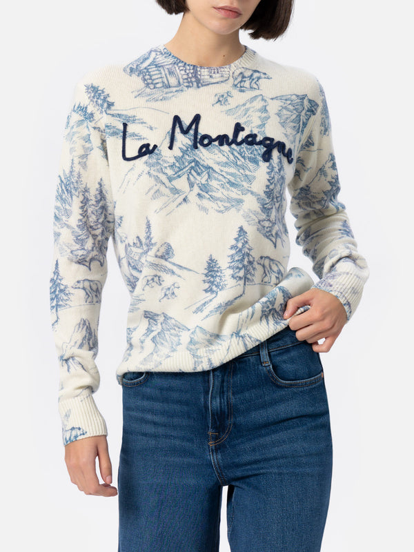 Maglione bianco da donna New Queen con stampa toile de jouy e ricamo La Montagne