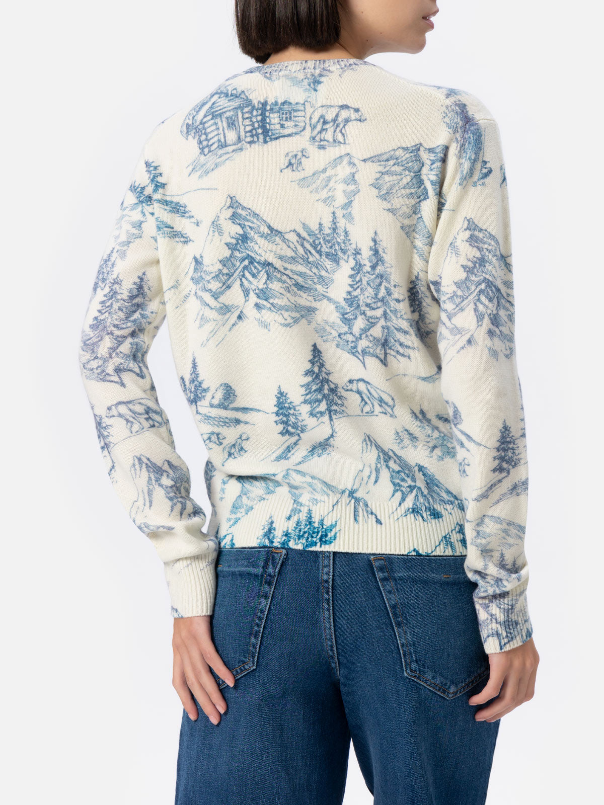 Woman white sweater New Queen with toile de jouy print and La Montagne embroidery - MC2 Saint Barth