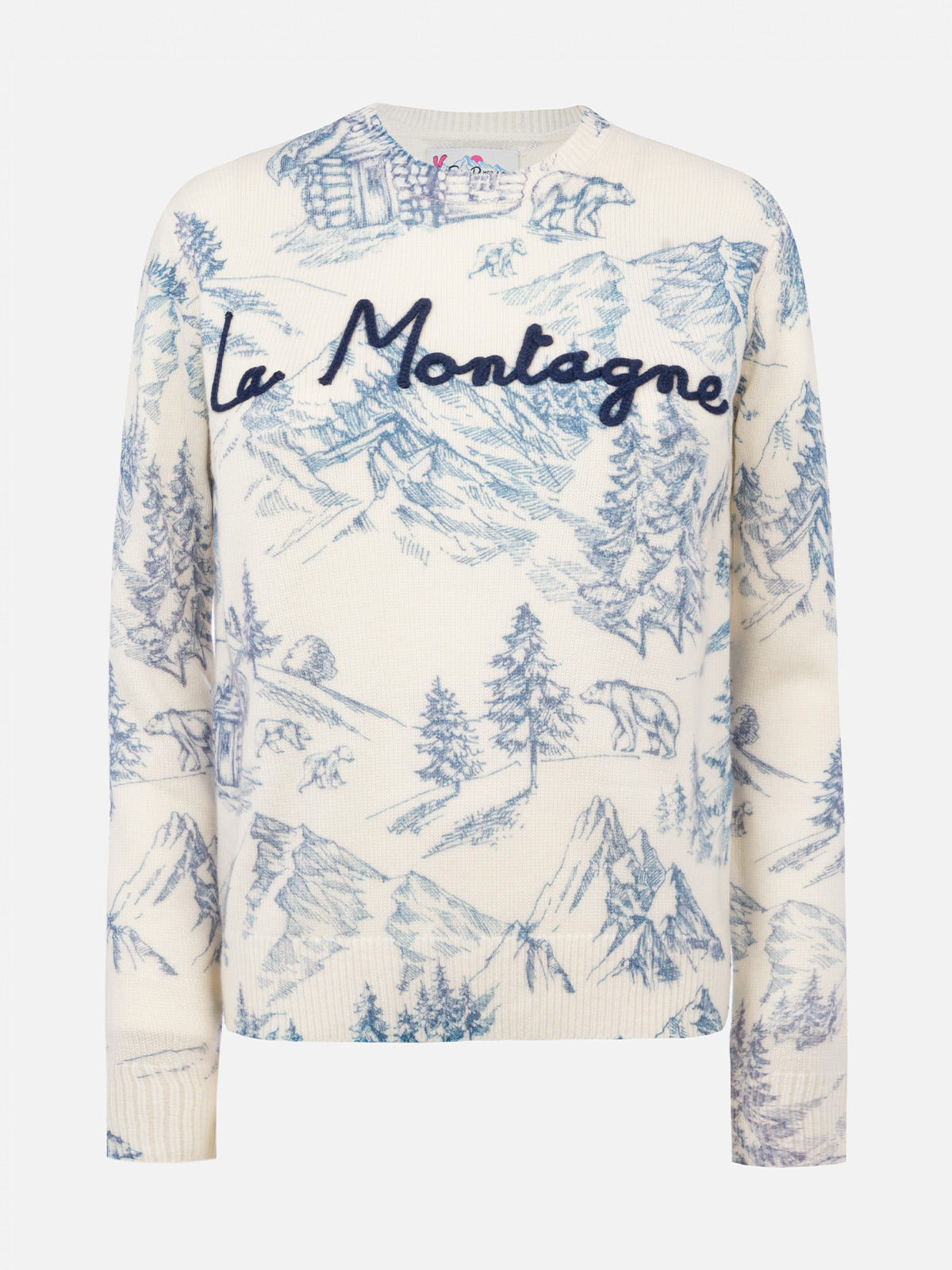 Woman white sweater New Queen with toile de jouy print and La Montagne embroidery - MC2 Saint Barth