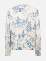 Maglione bianco da donna New Queen con stampa toile de jouy e ricamo La Montagne