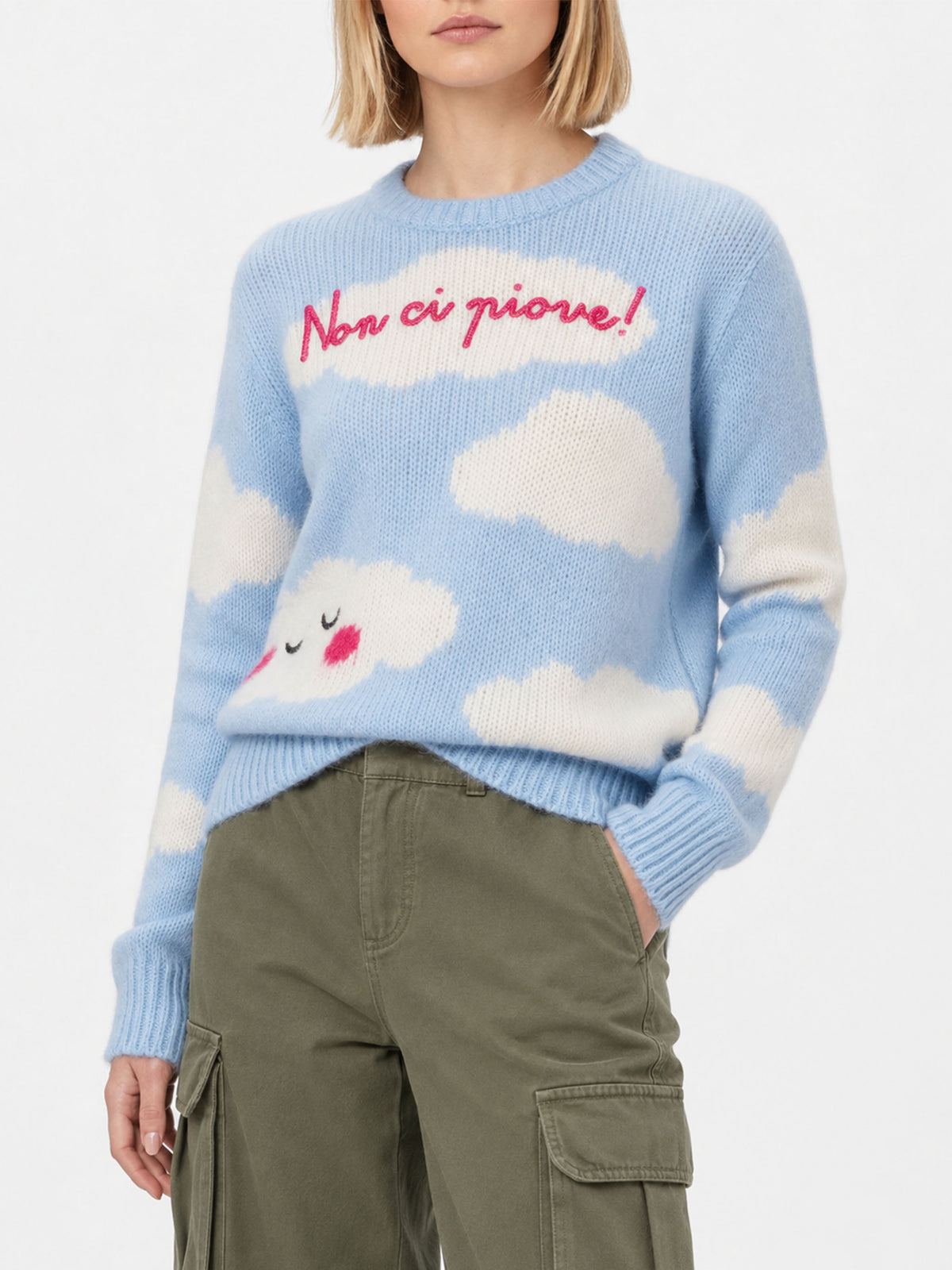 New Queen Soft Pullover mit Stickerei Non ci piove in Hellblau 