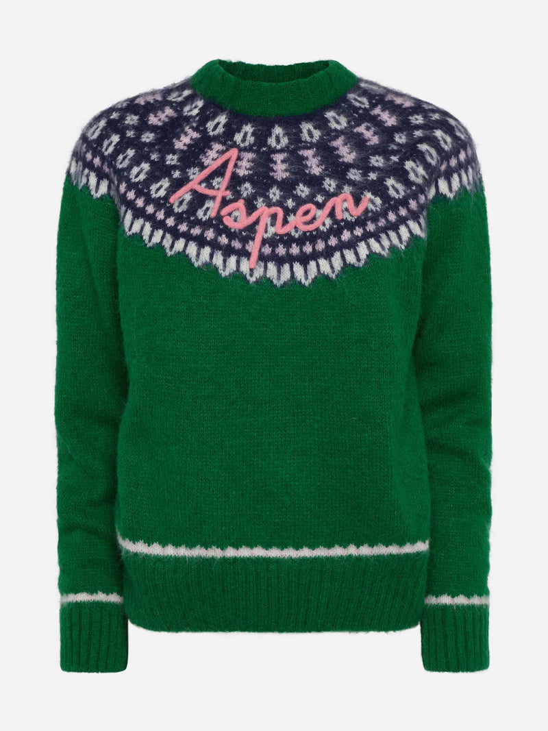 Maglione verde Queen Nordic Soft con jacquard fair isle e ricamo Aspen