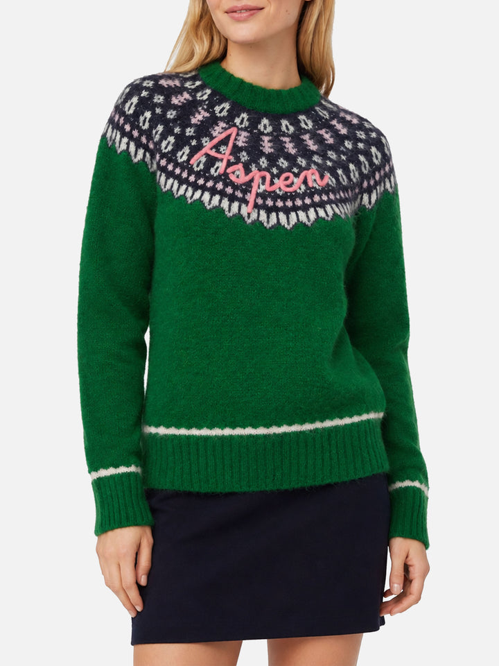 Suéter verde Queen Nordic Soft con jacquard fair isle y bordado Aspen 