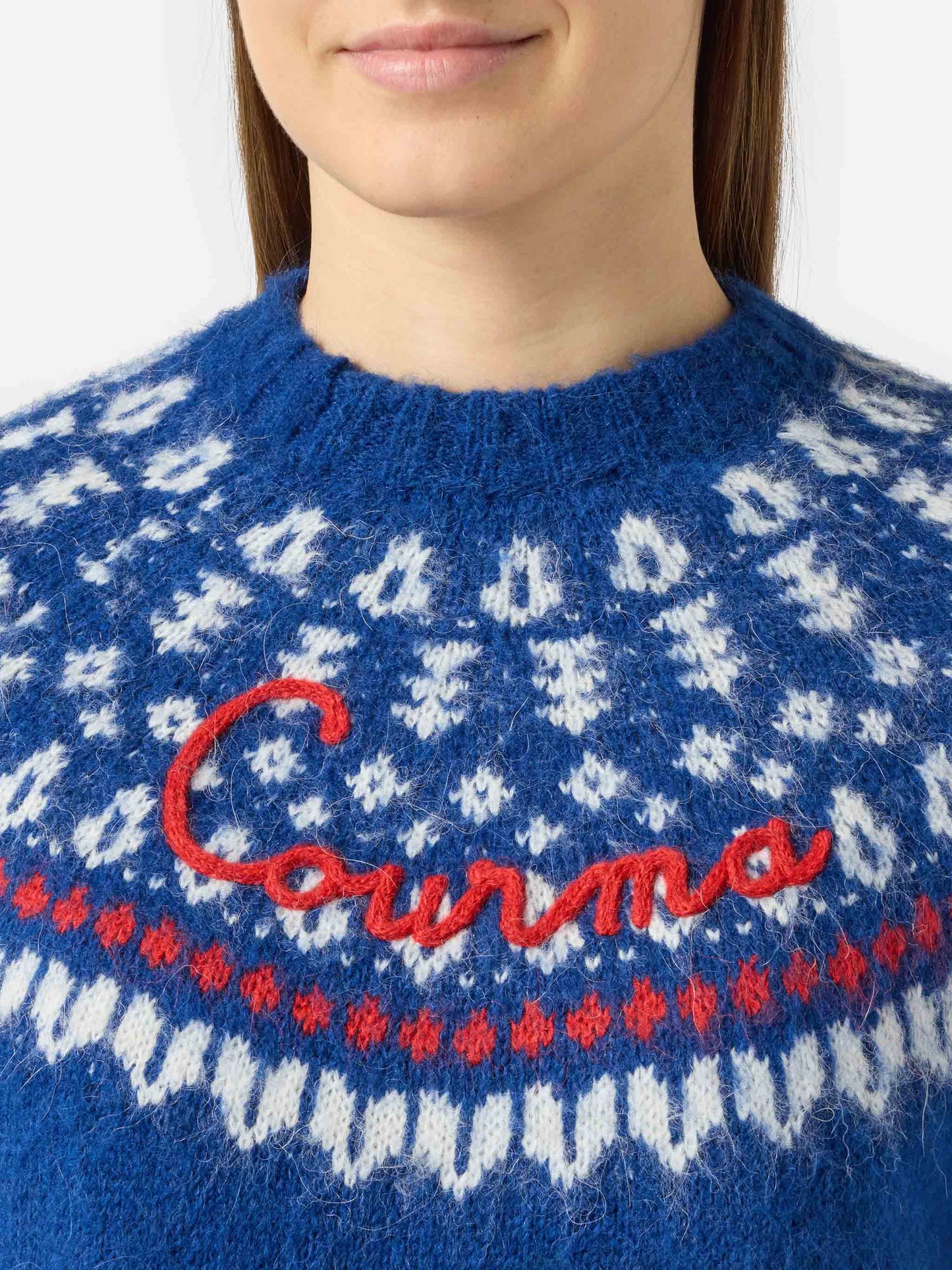 Woman navy blue crewneck nordic jacquard sweater