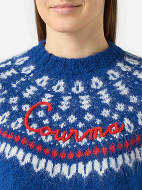 Woman navy blue crewneck nordic jacquard sweater