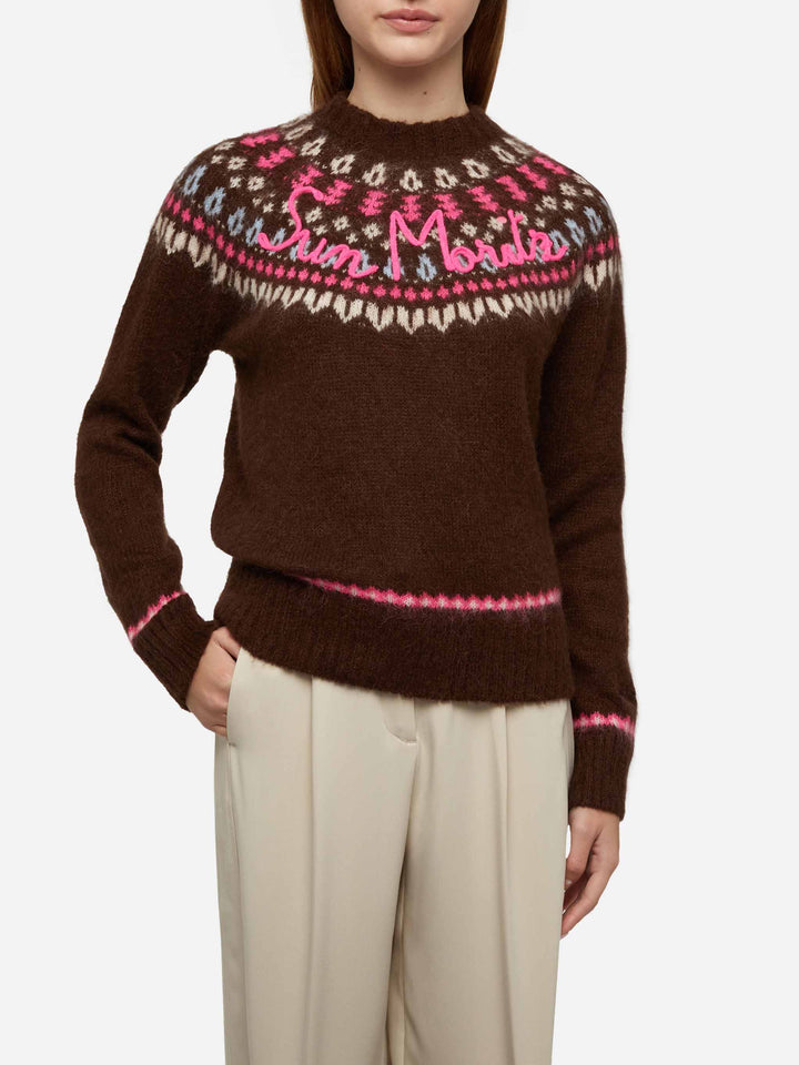 Brown sweater Queen Nordic Soft with fair isle jacquard and Sun Moritz embroidery - MC2 Saint Barth