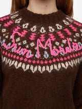 Maglione marrone Queen Nordic Soft con jacquard fair isle e ricamo Sun Moritz