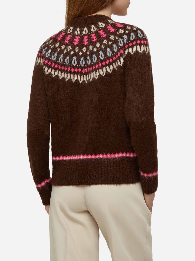 Maglione marrone Queen Nordic Soft con jacquard fair isle e ricamo Sun Moritz