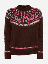 Maglione marrone Queen Nordic Soft con jacquard fair isle e ricamo Sun Moritz