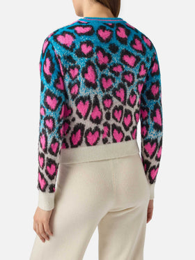 Maglione New Queen girocollo crop Leopard Hearts