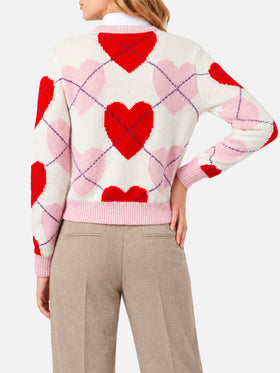 Maglia New Queen Crop Soft rosa e rossa con motivo argyle a cuori
