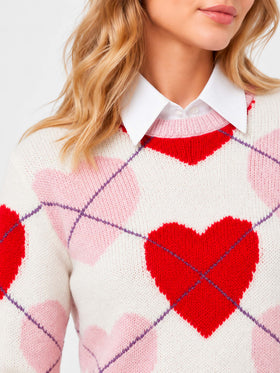 Maglia New Queen Crop Soft rosa e rossa con motivo argyle a cuori