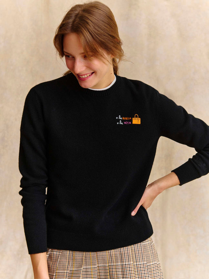 Black New Queen wool and cashmere blend crewneck with O La Borsa O La Vita embroidery