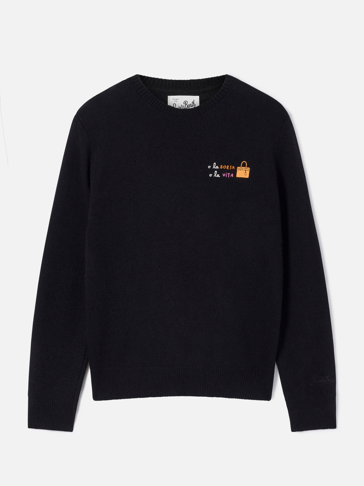 Maglia girocollo New Queen nera in misto lana e cashmere con ricamo O La Borsa O La Vita