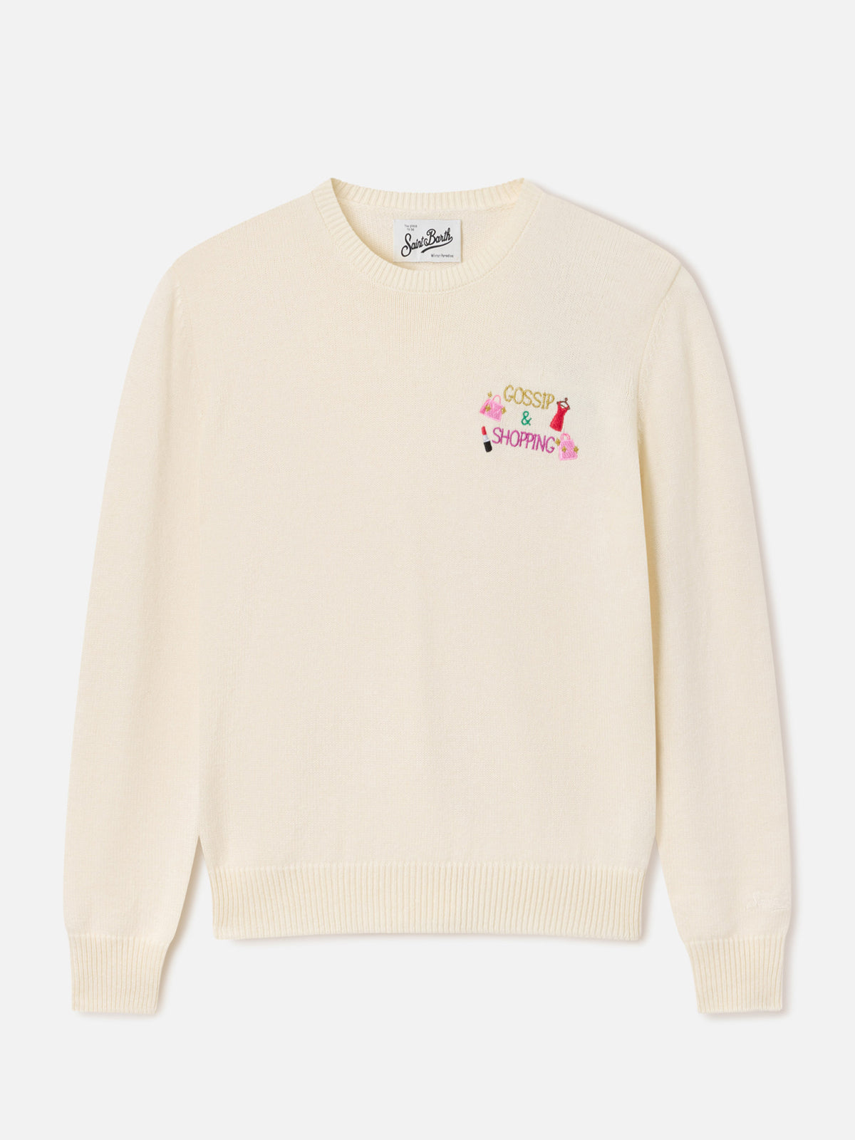 Cremefarbenes New Queen Rundhalsshirt aus Woll- und Kaschmirmischung mit Gossip & Shopping-Stickerei 