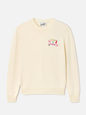 Pull New Queen col rond en mélange de laine et cachemire off white avec broderie Gossip & Shopping 