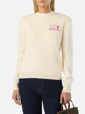Pull New Queen col rond en mélange de laine et cachemire off white avec broderie Gossip & Shopping 
