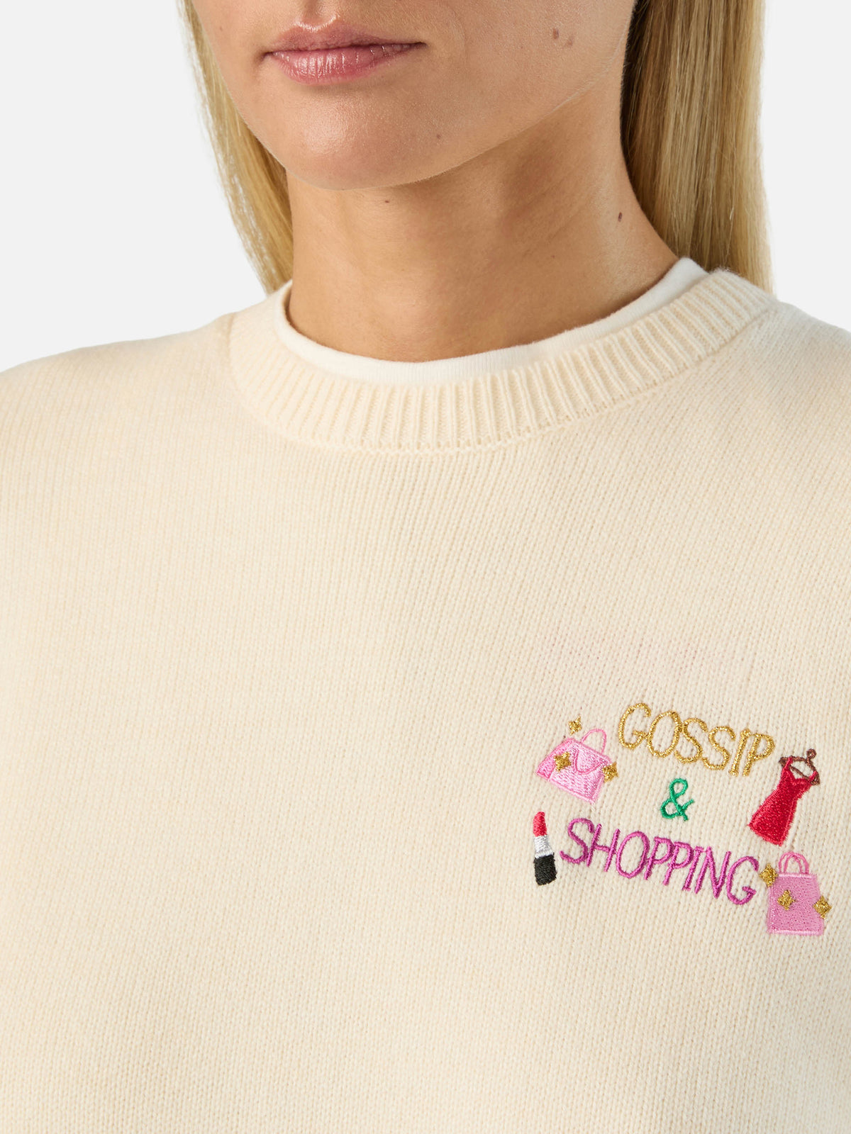 Pull New Queen col rond en mélange de laine et cachemire off white avec broderie Gossip & Shopping 