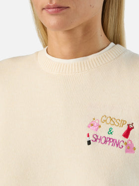 Pull New Queen col rond en mélange de laine et cachemire off white avec broderie Gossip & Shopping 