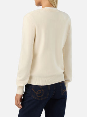 Pull New Queen col rond en mélange de laine et cachemire off white avec broderie Gossip & Shopping 