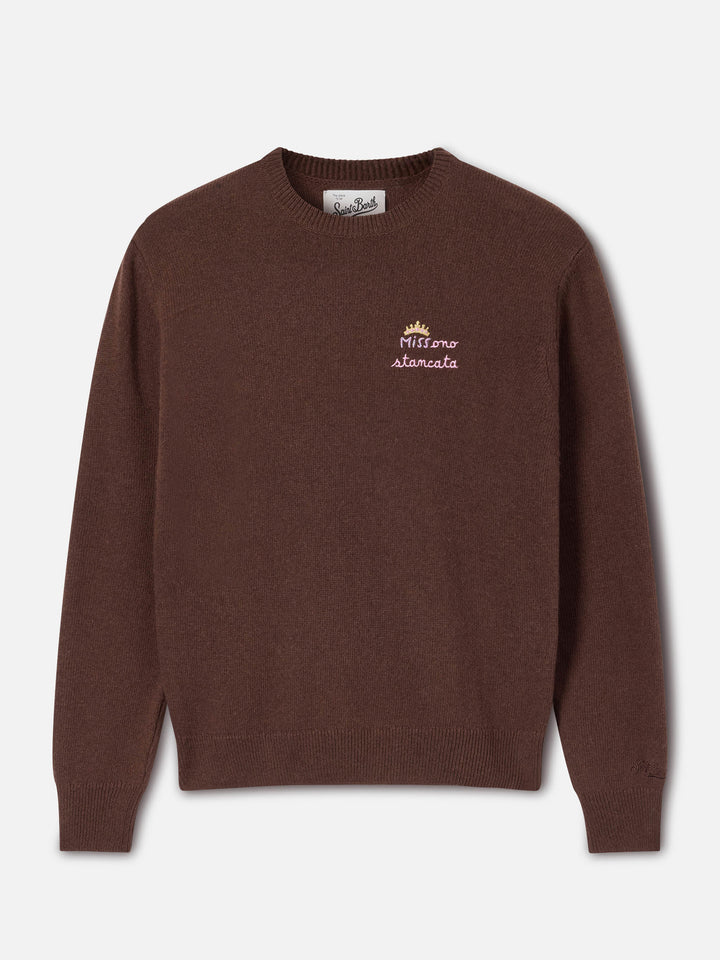 Brown New Queen wool and cashmere blend crewneck with Miss Sono Stancata embroidery