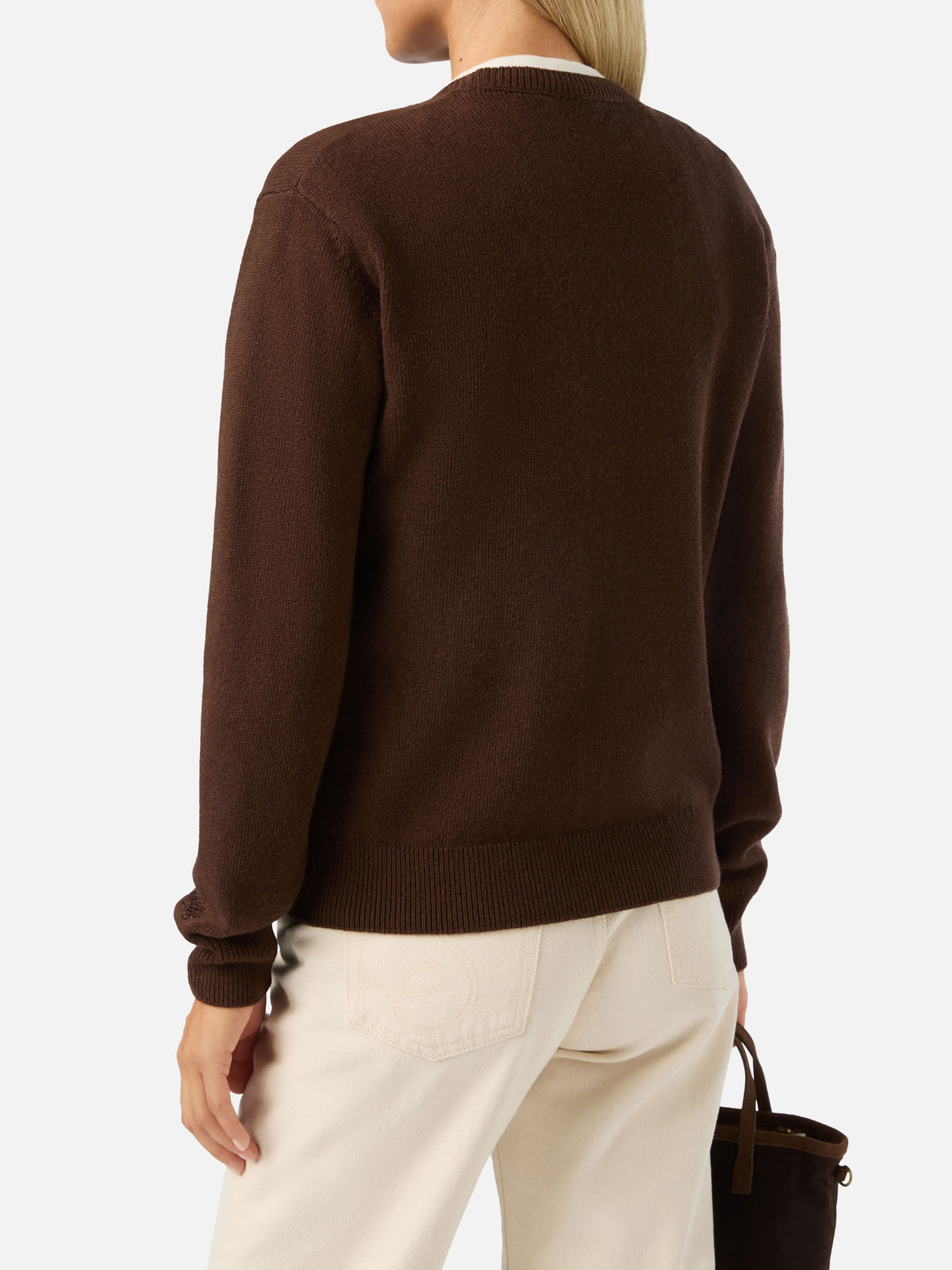 Pull ras-du-cou marron New Queen en mélange de laine et de cachemire avec broderie Miss Sono Stancata 
