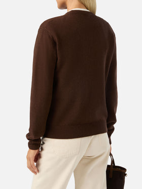 Pull ras-du-cou marron New Queen en mélange de laine et de cachemire avec broderie Miss Sono Stancata 