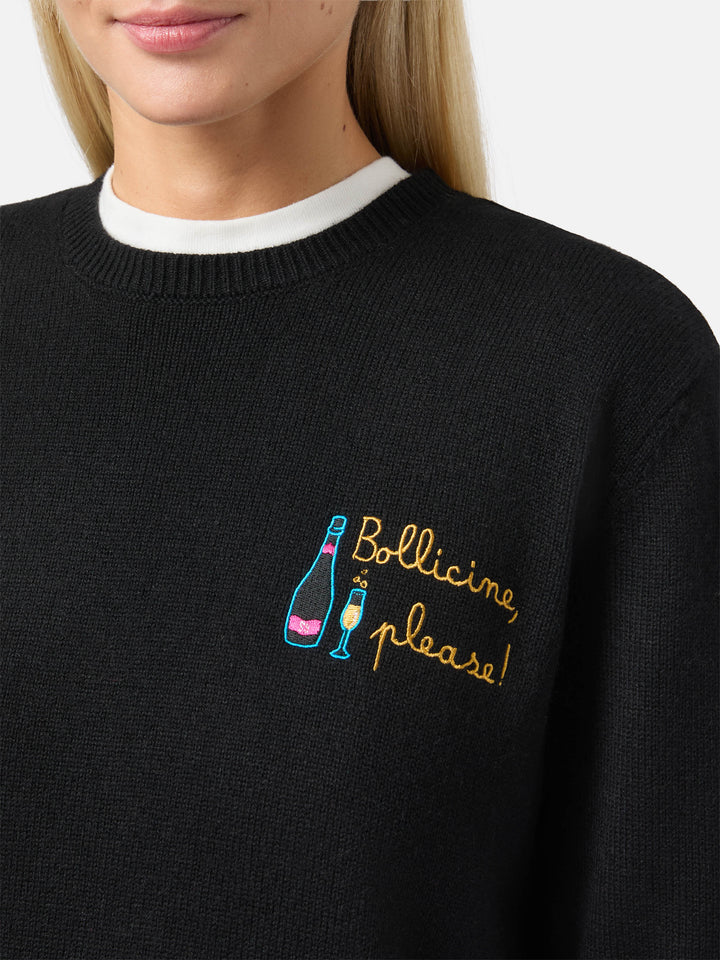 New Queen cashmere-blend sweater in black with Bollicine, please embroidery